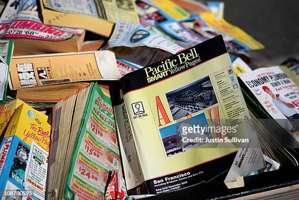 Pile of phone books sits in the back of a pickup truck during a press conference on February 1, 2011 in San Francisco, California. San Francisco...