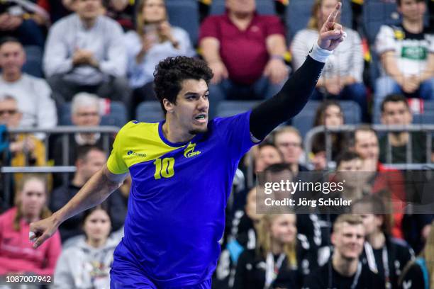 Jose Toledo of Brazil celebrates during the Main Group 1 match at the 26th IHF Men's World Championship between Brazil and Iceland at the Lanxess...