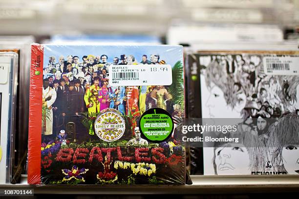 The Beatles "Sgt. Pepper's Lonely Hearts Club Band" and "Revolver" albums are displayed for sale at Bleeker Bob's record shop in New York, U.S., on...