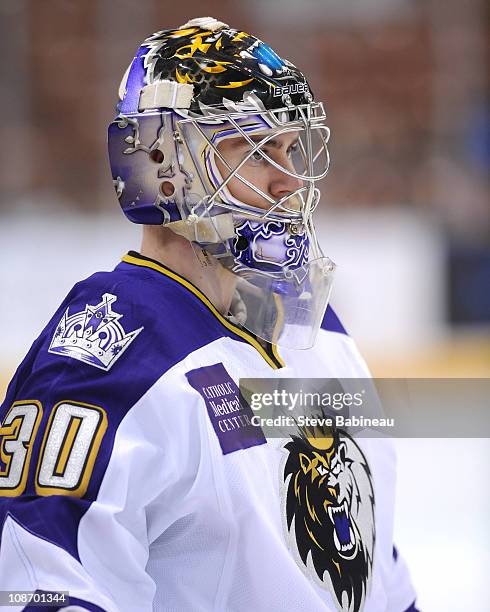 Martin Jones of the Manchester Monarchs watches warm ups before the game against the Bridgeport Sound Tigers at the Verizon Center on January 29,...