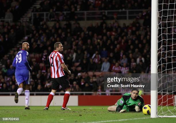 Nicolas Anelka of Chelsea scores his team's fourth goal past Craig Gordon of Sunderland during the Barclays Premier League match between Sunderland...