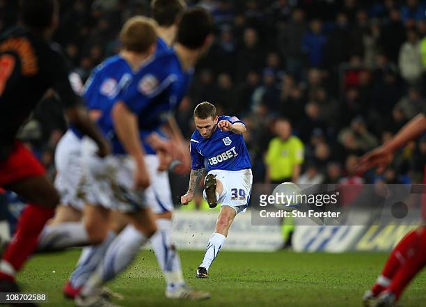 Cardiff forward striker Craig Bellamy scores a last minute second goal to draw the game during the npower Championship match between Cardiff City and...