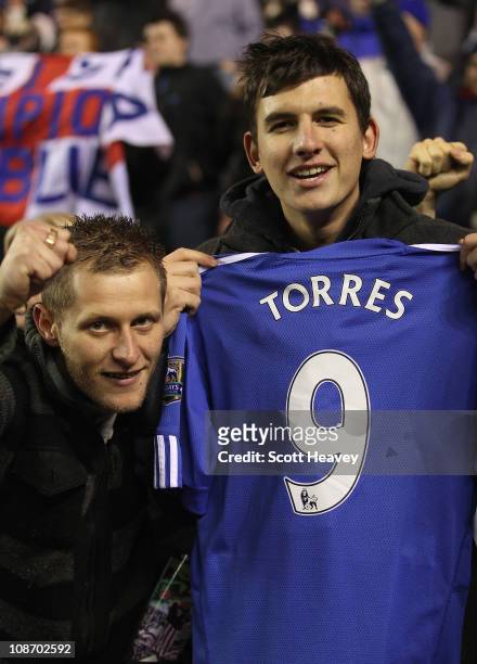 Chelsea fans with a replica Fernando Torres shirt during the Barclays Premier League match between Sunderland and Chelsea at the Stadium of Light on...