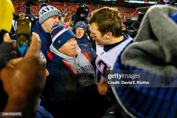 Playoffs: New England Patriots QB Tom Brady victorious, with head coach Bill Belichick after winning game vs Kansas City Chiefs at Arrowhead Stadium....