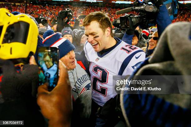 Playoffs: New England Patriots QB Tom Brady victorious, with head coach Bill Belichick after winning game vs Kansas City Chiefs at Arrowhead Stadium....