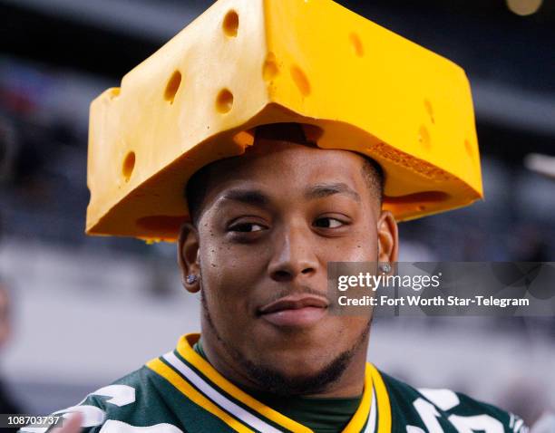 Adrian Battles of the Green Bay Packers wears a cheese-head hat during media day at Cowboys Stadium, Tuesday, February 1, 2011 in Arlington, Texas....