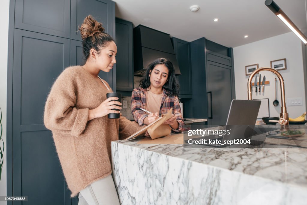 Two female students working on a project at home