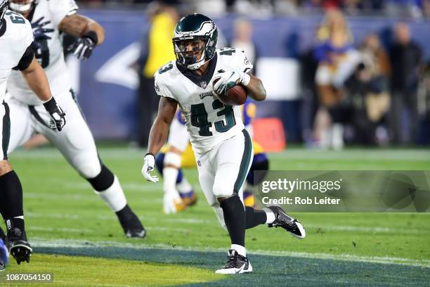 Darren Sproles of the Philadelphia Eagles runs with the ball during the game against the Los Angeles Rams at the Los Angeles Memorial Coliseum on...