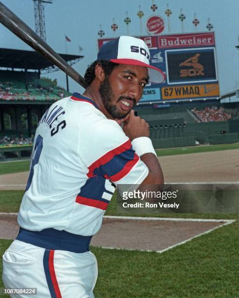 Harold Baines of the Chicago White Sox poses for a photo prior to an MLB game at Comiskey Park in Chicago, Illinois. Baines played for the White Sox...