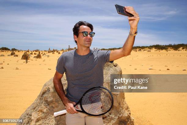 Roger Federer takes a selfie at the Pinnacles Desert ahead of the 2019 Hopman Cup on December 27, 2018 in Cervantes, Australia.