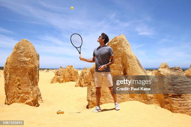 Roger Federer poses at the Pinnacles Desert ahead of the 2019 Hopman Cup on December 27, 2018 in Cervantes, Australia.
