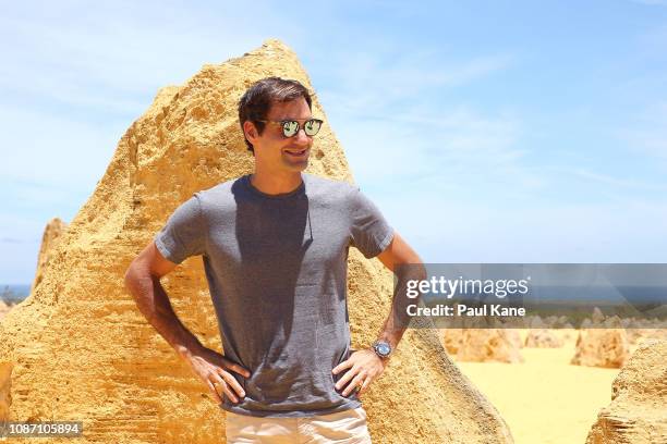 Roger Federer poses at the Pinnacles Desert ahead of the 2019 Hopman Cup on December 27, 2018 in Cervantes, Australia.