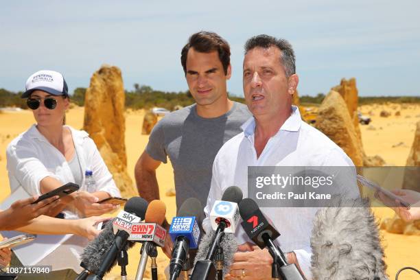 West Australian Minister for Tourism Paul Papalia addresses the media with Roger Federer at the Pinnacles Dessert ahead of the 2019 Hopman Cup on...