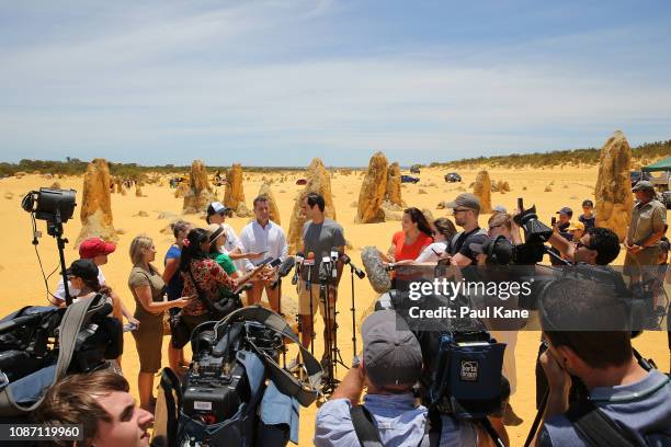 Roger Federer addresses the media at the Pinnacles Desert ahead of the 2019 Hopman Cup on December 27, 2018 in Cervantes, Australia.