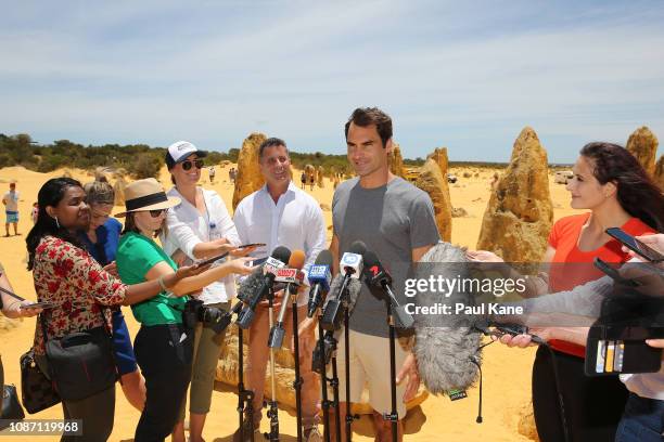 Roger Federer addresses the media at the Pinnacles Desert ahead of the 2019 Hopman Cup on December 27, 2018 in Cervantes, Australia.