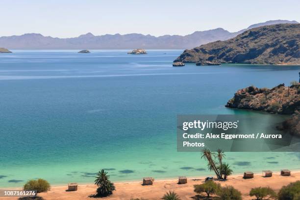 view of beach and sea, mulege, bajacaliforniasur, mexico - baja california sur stock pictures, royalty-free photos & images