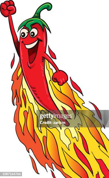 ilustrações de stock, clip art, desenhos animados e ícones de hot chili pepper on fire cartoon character - vector - red chili pepper