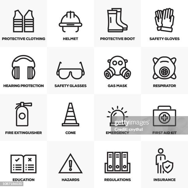 stockillustraties, clipart, cartoons en iconen met werk veiligheid lijn icons set - helm