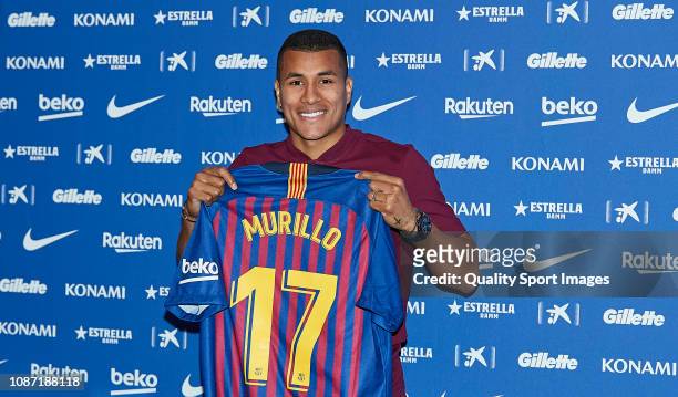 Barcelona unveil new signing Jeison Murillo during a press at Nou Camp on December 27, 2018 in Barcelona, Spain.