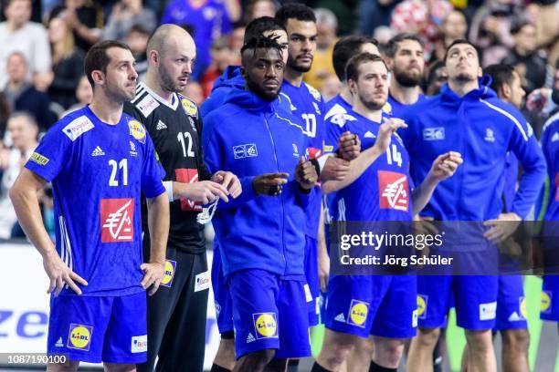 The French team reacts after their loss after the Main Group 1 match on the 26th IHF Men's World Championship between France and Croatia at the...