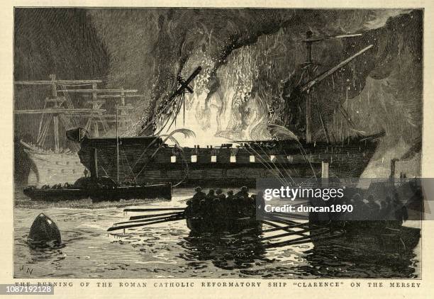 burning ship on the river mersey, victorian 19th century - merseyside stock illustrations