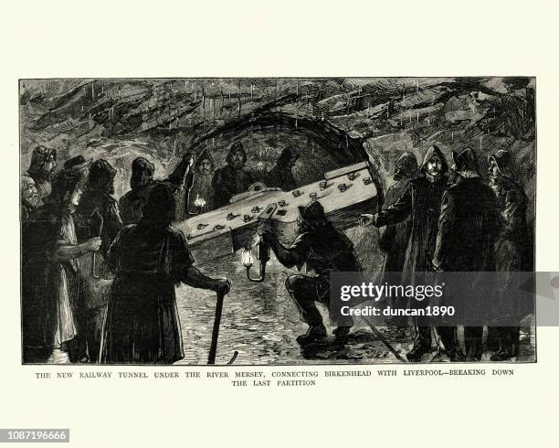 workers digging railway tunnel under the river mersey, victorian, 1884 - river mersey stock illustrations
