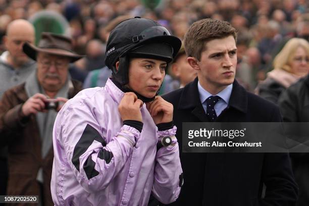 Bryony Frost L) with Harry Derham at Chepstow Racecourse on December 27, 2018 in Chepstow, Wales.