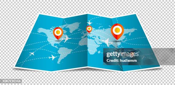 bildbanksillustrationer, clip art samt tecknat material och ikoner med vector världen karta dubbelvikt med globala flygbolag isolerad på vit bakgrund - nåla