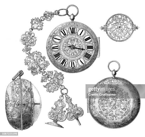 antique golden pocket watch from 17th century - pocket watch stock illustrations