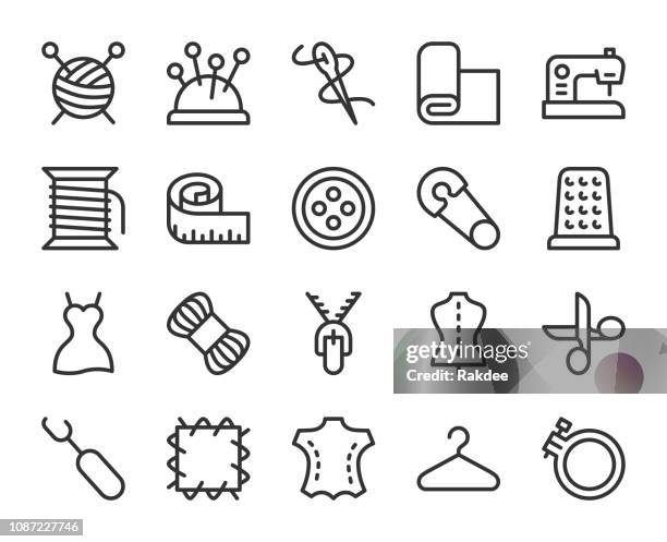 stockillustraties, clipart, cartoons en iconen met naaien en handwerk - lijn pictogrammen - knoop naaigerei