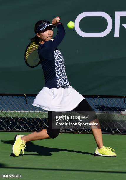 Mayo Hibi chases down the ball in a match played during the Oracle Challenger Series, on January 23 at the Newport Beach Tennis Club in Newport...