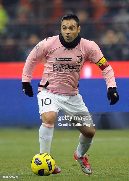 Fabrizio Miccoli of Palermo competes during the Serie A match between FC Internazionale Milano and US Citta di Palermo at Stadio Giuseppe Meazza on...