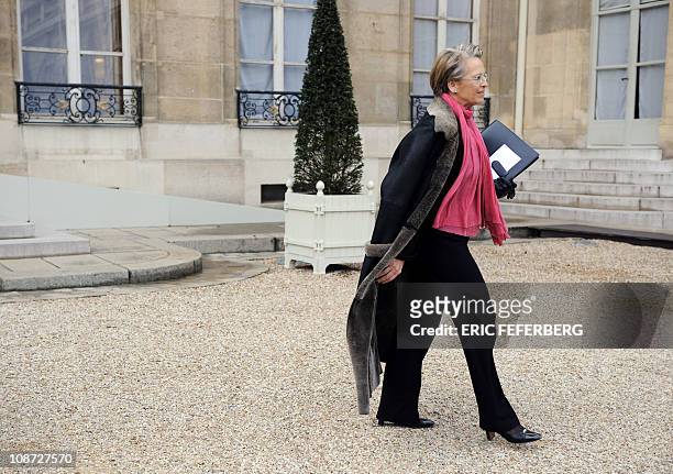 France's Foreign Affairs Minister Michele Alliot-Marie leaves the Elysee Palace after the weekly cabinet meeting on February 2, 2011 in Paris. AFP...