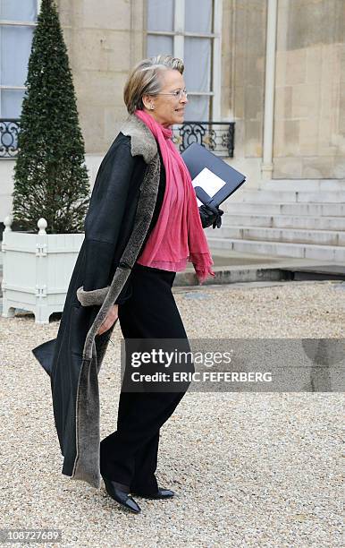 France's Foreign Affairs Minister Michele Alliot-Marie leaves the Elysee Palace after the weekly cabinet meeting on February 2, 2011 in Paris. AFP...