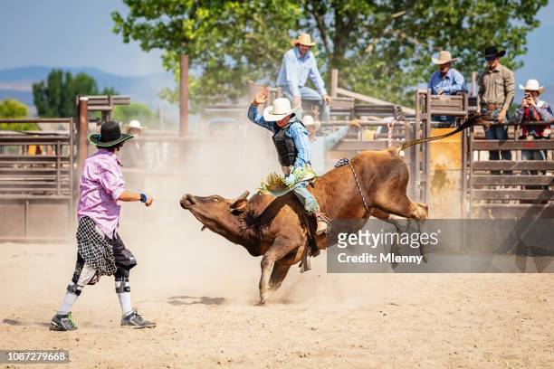 bareback bull riding cowboy rodeo actie clown raging bull bucking - bull riding stockfoto's en -beelden