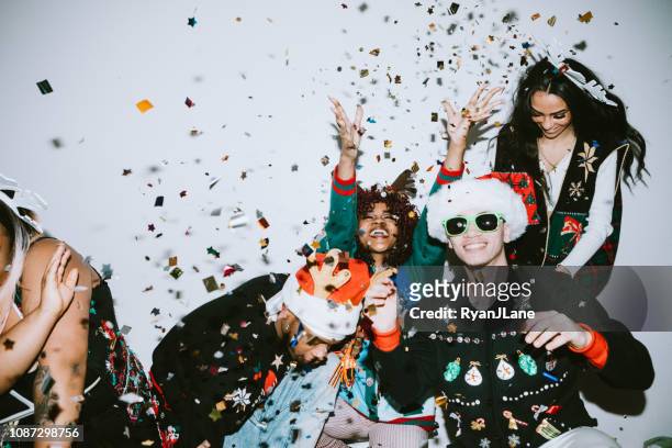 generation z friends christmas photo booth - ugly woman stock pictures, royalty-free photos & images