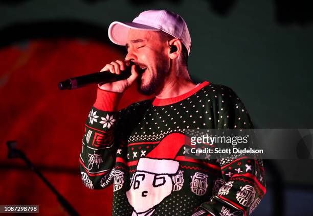 Singer Mike Shinoda of Linkin Park performs onstage during the KROQ Absolut Almost Acoustic Christmas at The Forum on December 09, 2018 in Inglewood,...