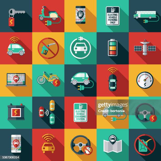 autonome und elektrofahrzeuge-icon-set - fahrerloses transportmittel stock-grafiken, -clipart, -cartoons und -symbole