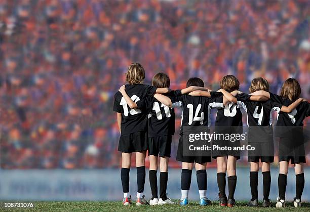 six boys players (10-11) standing in - rugby field stock pictures, royalty-free photos & images