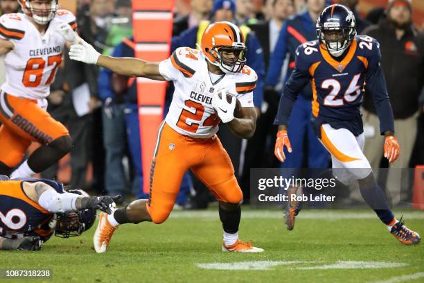 Nick Chubb of the Cleveland Browns runs with the ball during the game against the Denver Broncos at Broncos Stadium at Mile High on December 15, 2018...