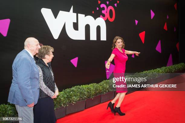 Familie-actors Ray Verhaeghe and Annie Geeraert and television presenter Goedele Liekens pictured on the red carpet, ahead of the recording of the...