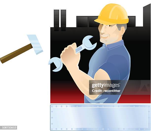 industry worker with tools and copy space - rivet stock illustrations