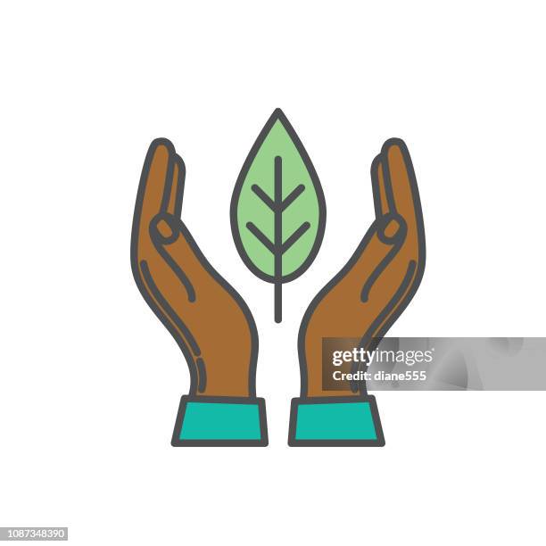 hand holding leaf environment thin line icon - tree hands logo stock illustrations