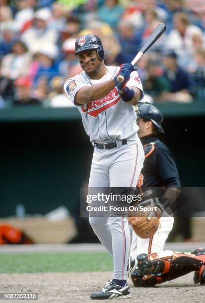 Albert Belle of the Cleveland Indians bats against the Baltimore Orioles during a Major League Baseball game circa 1994 at Orioles Park at Camden...