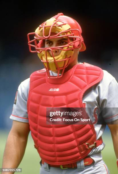 Catcher Ivan Rodriguez of the Texas Rangers looks on against the New York Yankees during an Major League Baseball game circa 1994 at Yankee Stadium...