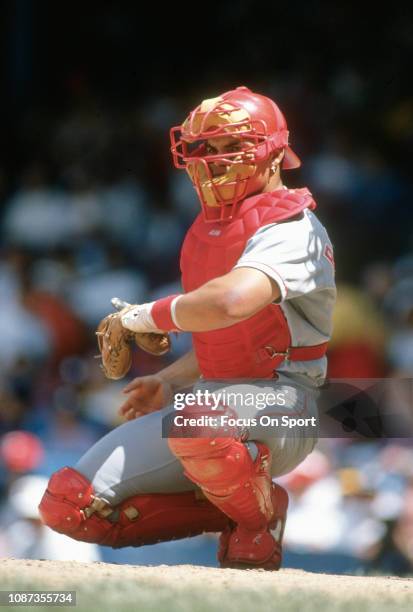 Catcher Ivan Rodriguez of the Texas Rangers in action against the New York Yankees during an Major League Baseball game circa 1994 at Yankee Stadium...