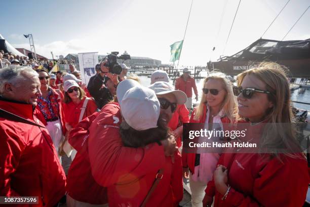 Crew members of Wild Oats celebrate at Constitution Dock after taking their 9th Line Honours in the 2018 Sydney to Hobart yacht race on December 28,...