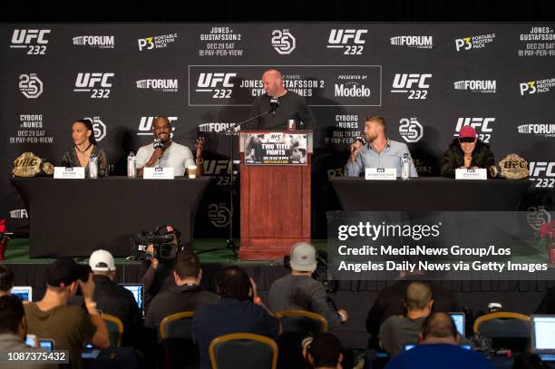 Cris Cyborg, UFC women"u2019s featherweight champion, left, Jon Jones, No. 1 UFC light heavyweight, Dana White, UFC president, Alexander Gustafsson,...