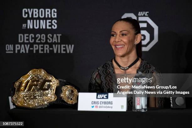 Cris Cyborg, UFC women's featherweight champion, during UFC 232 press conference at the Los Angeles Airport Marriott in Los Angeles, Thursday, Dec...