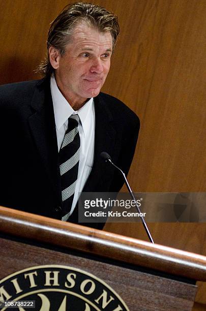 Nels Van Patten speaks during the Farrah Fawcett Memorabilia Donation at the Smithsonian National Museum Of American History on February 2, 2011 in...